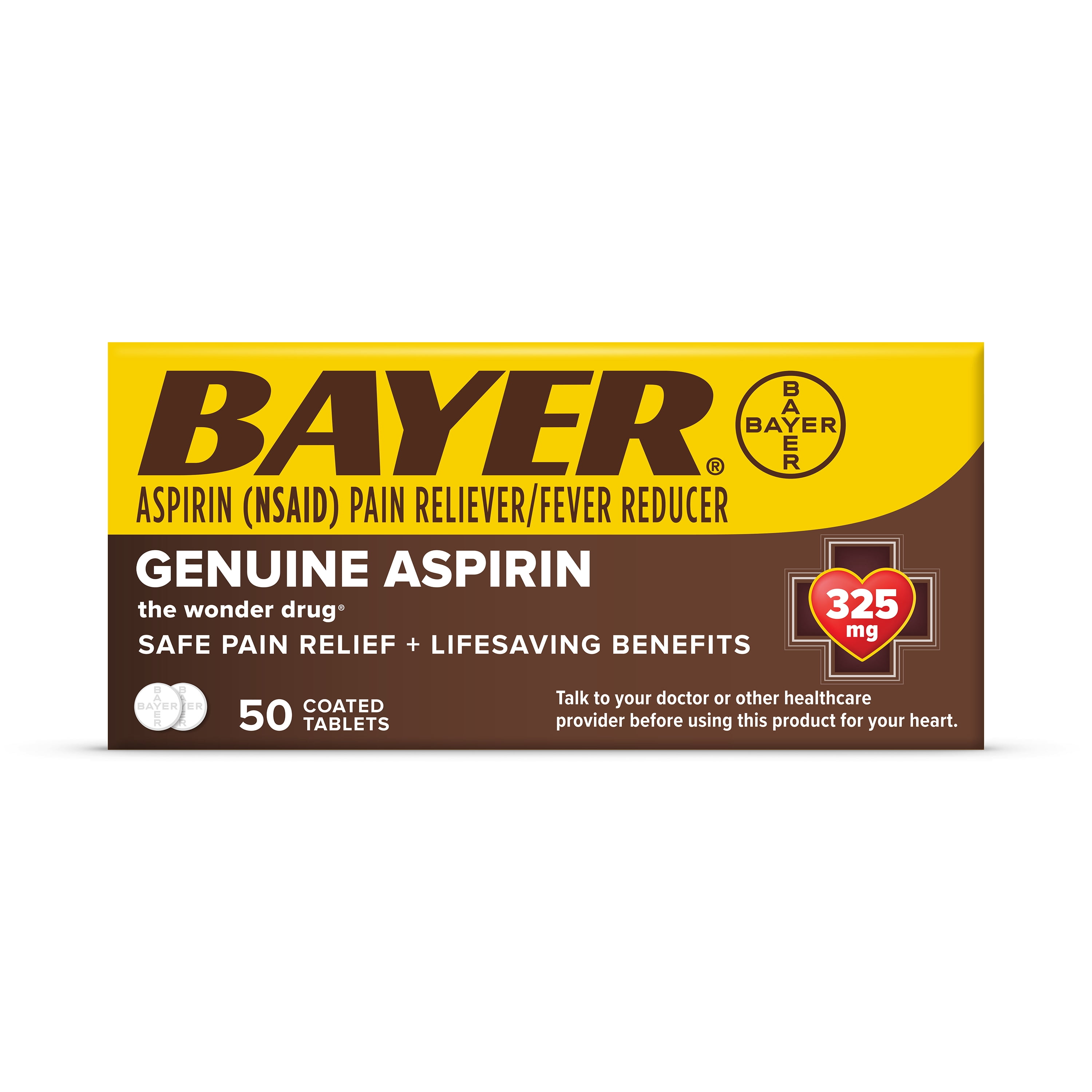Bayer Genuine Aspirin 325 mg Coated Tablets for Multi-symptom pain relief and Headache Relief, 50 Count