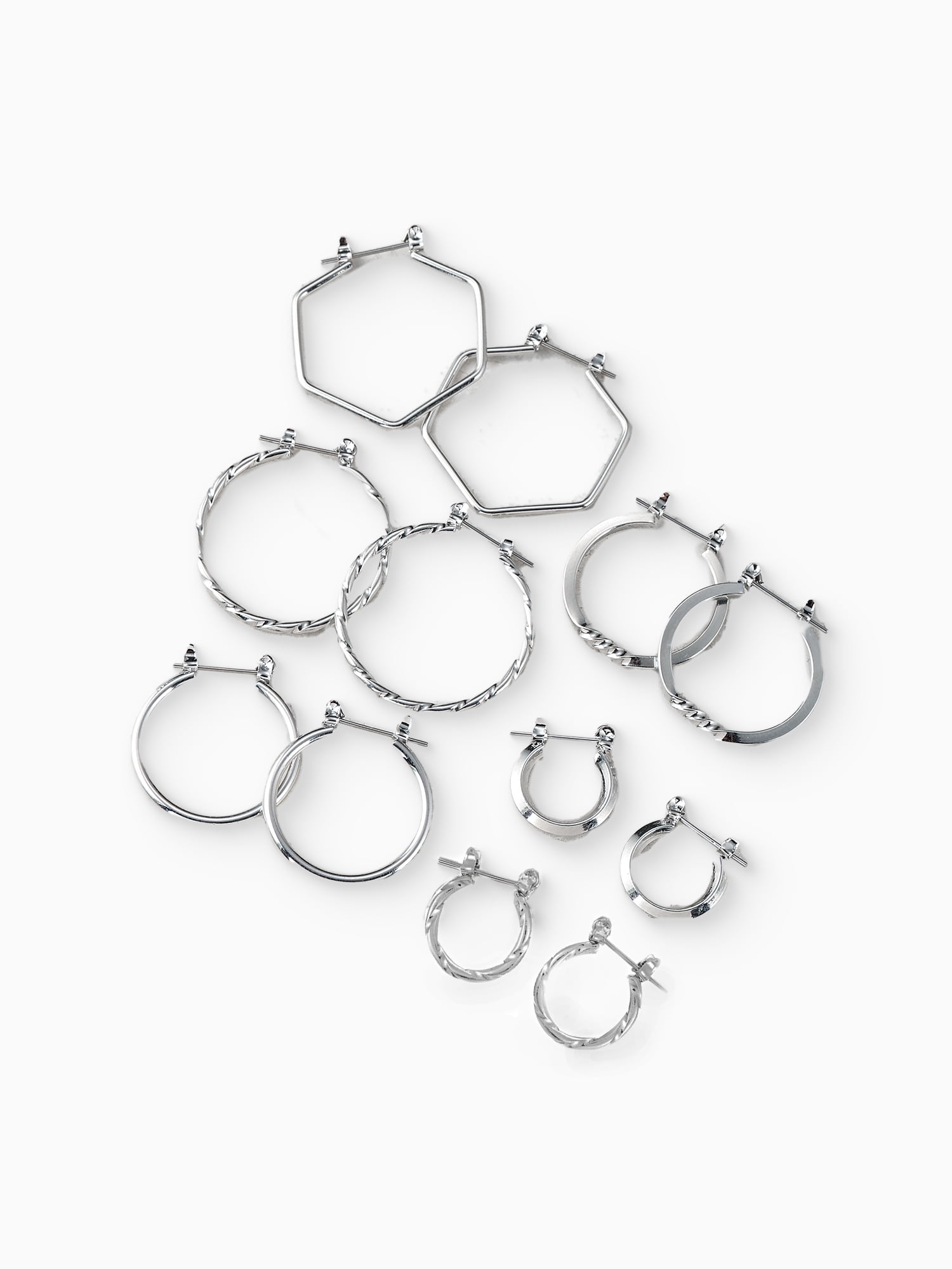Time And Tru Essentials Multi Ear Silver Hoop Earrings, 6 Pack