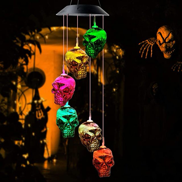 Solar Halloween Decorations Skeleton Skull String Light ,Skull Wind Chimes Decor Lights Solar Skull Bowl with 6 LED Skull Shaped Charcoal Lights, Waterproof Holiday Lights for Halloween