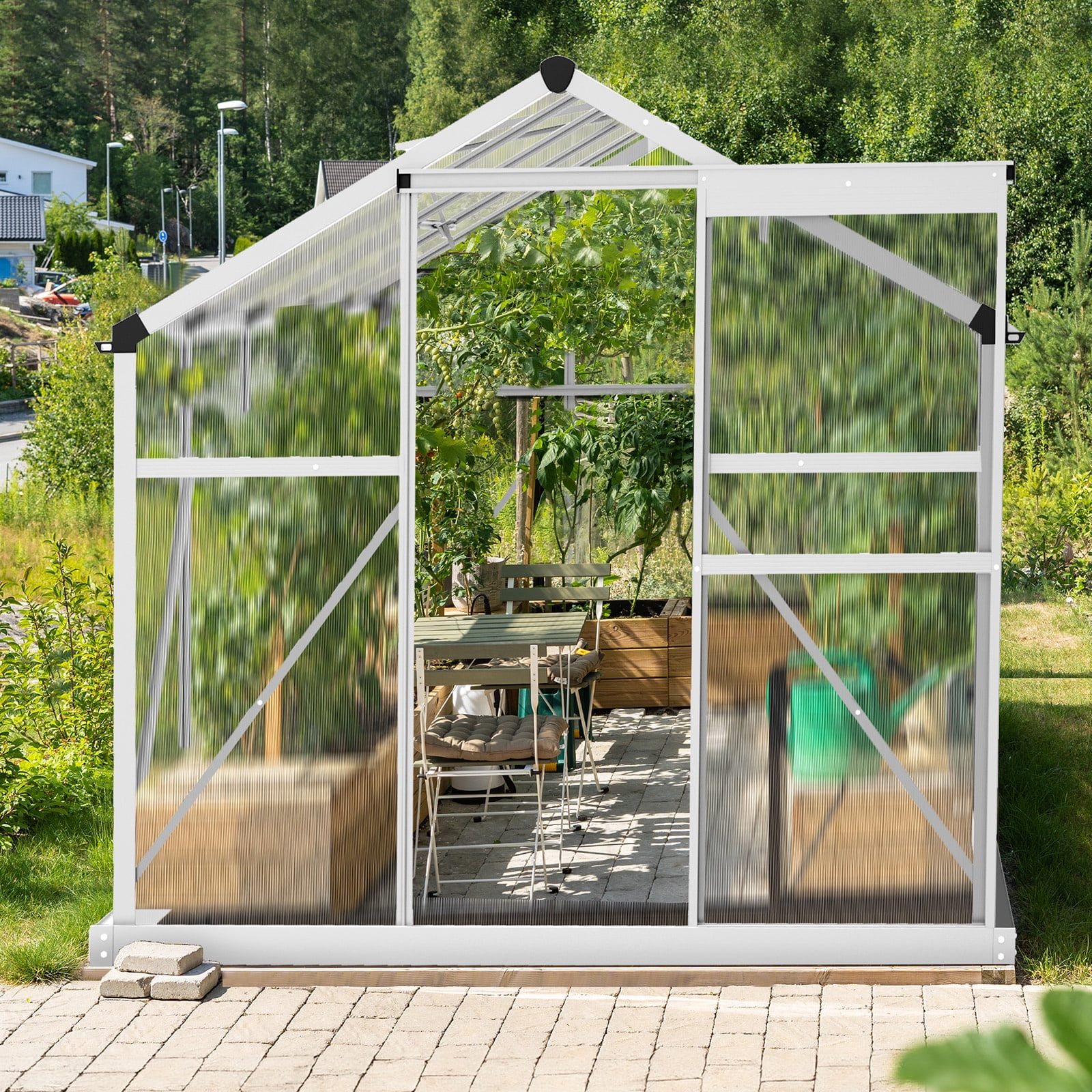 Seizeen 6x10FT Outdoor Greenhouse, Walk-in Green House Polycarbonate, Aluminium Frame Plant House for Gardening, with Adjustable Vent, 8 Supports, 62’’H Sliding Door, Silver