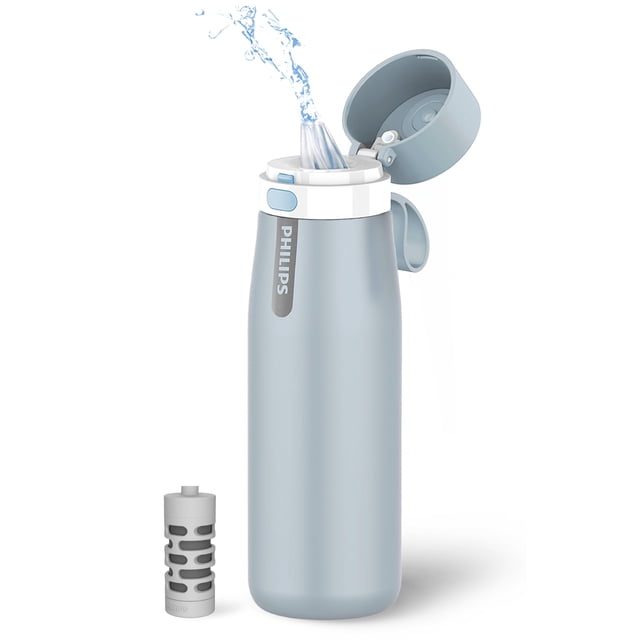 PHILIPS Botella de agua filtrada, botella purificadora de agua aislada de acero inoxidable para la vida diaria y viajes, sin BPA con filtro diario GoZero para agua del grifo más limpia y sabrosa, mant