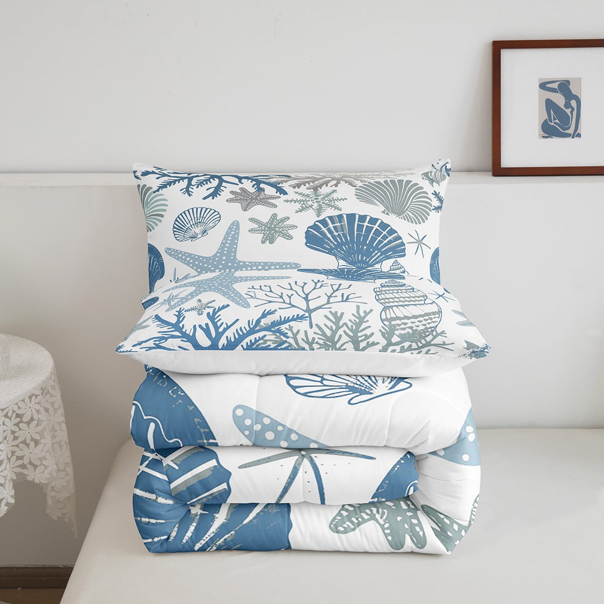 Nautical Coastal Comforter Set Blue Ocean Beach Twin Bedding Comforter Sets ,Seashell Starfish Quilt Conch Shell Coral Duvet Insert,Plain White Blue Room Decor
