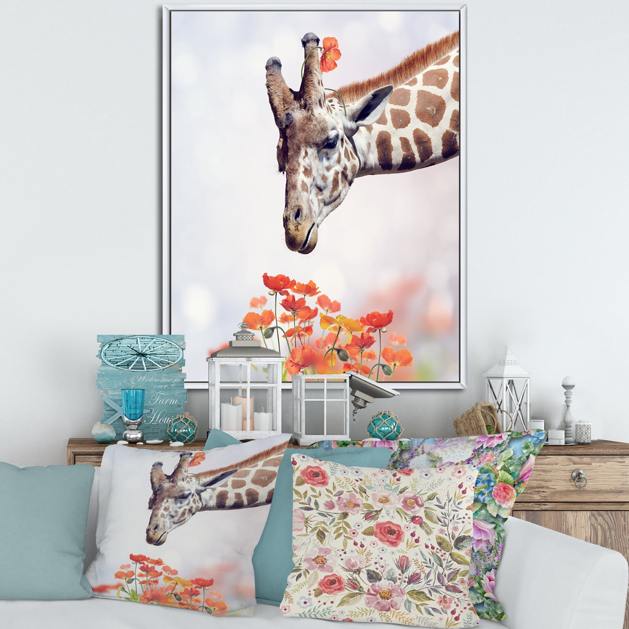 Designart 'Portrait of A Giraffe With Orange Flowers' Farmhouse Framed Canvas Wall Art Print
