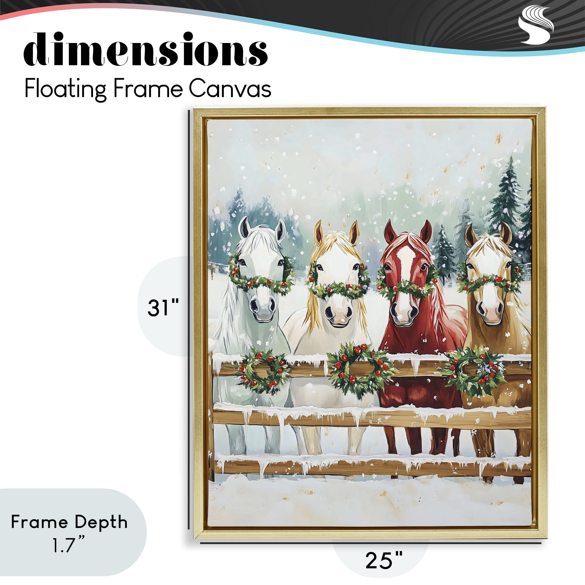 Stupell Industries Christmas Horses with Holly Wreaths Gold Framed Floater Canvas Wall Art, design by The Prints Vibe