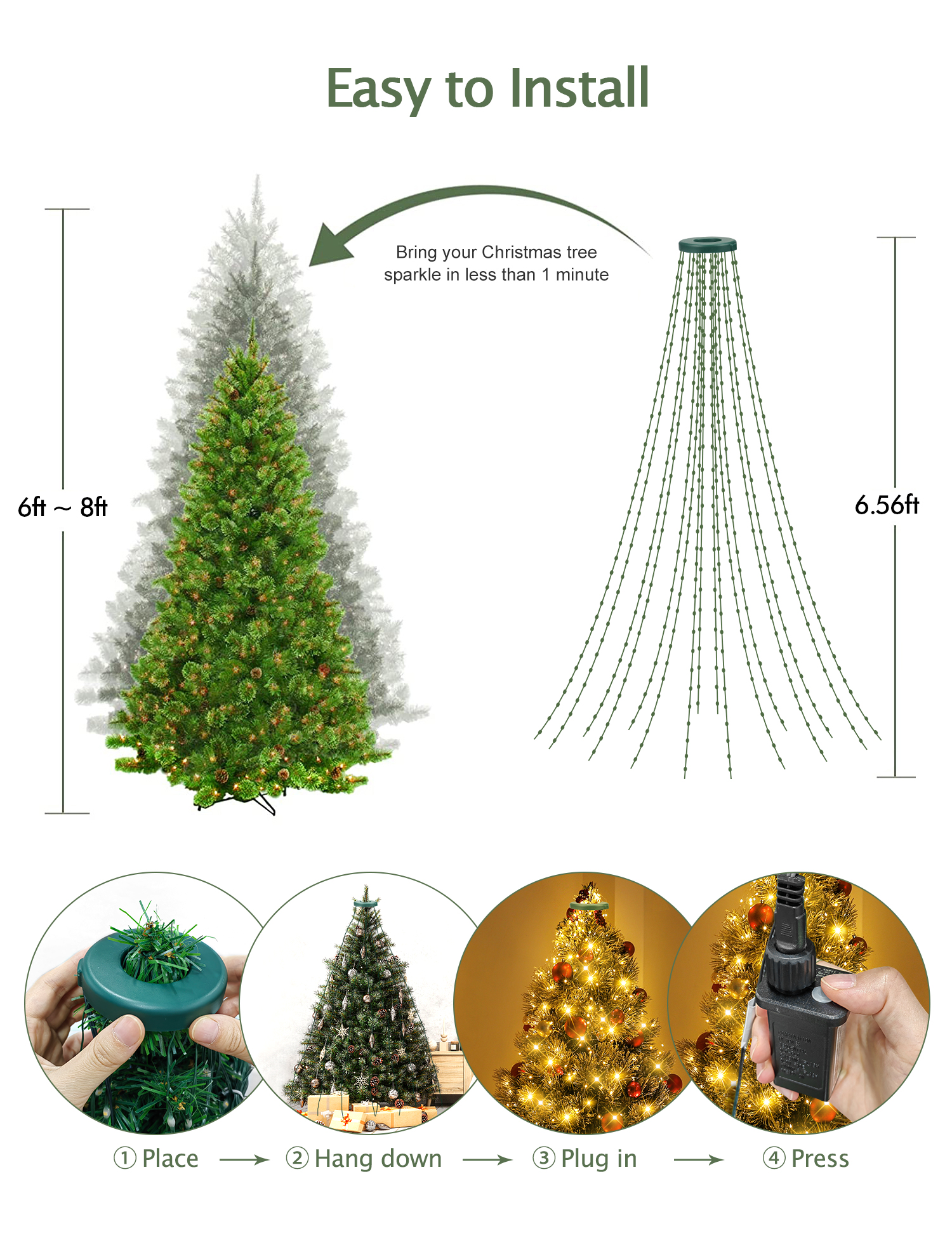 Christmas Tree Lights with Ring, 6.56FT x16 Lines 400LED Christmas Tree  Waterfall String Lights with Modes Timer Waterproof Xmas Tree Fairy Lights  Indoor Outdoor for Xmas Tree Decor (Warm White)