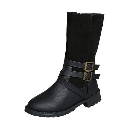 

Winter Savings Clearance Deals 2022! VEKDONE Women s Shoes Fashion Round Toe Mid-heel High Barrel Knight Buckle Retro Flock Long Boots