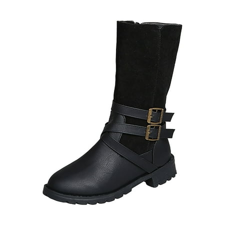 

KBKYBUYZ Women s Shoes Stylish Round Toe Mid-heel High Barrel Knight Buckle Retro Flock Long Boots