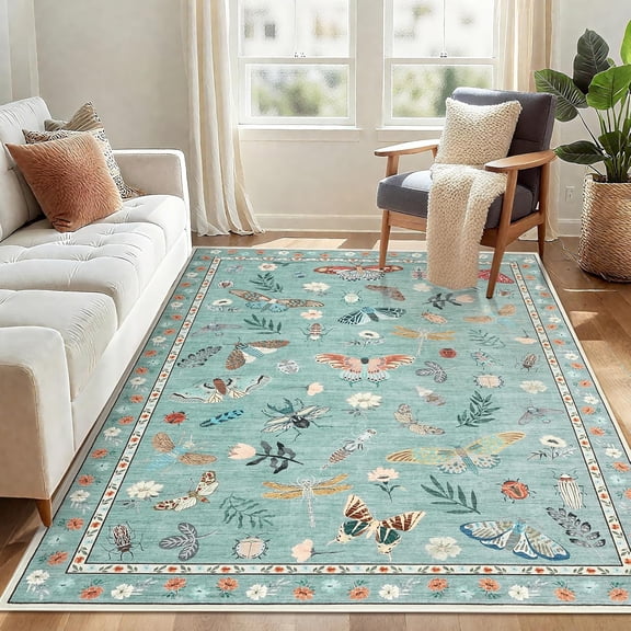 9x12 Modern Floral Insect Area Rug, Washable Non Slip Low Pile Stain Resistant Carpet for Living Room Bedroom,green