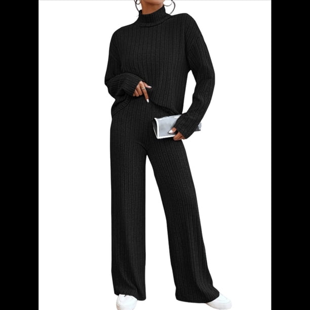 Conjuntos de 2 Piezas para Mujer para Otoño: Suéter de Punto de Viaje, Pantalones Anchos y Chándal para Estar en Casa. Negro L