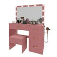 thumbnail image 2 of ModFusion Vanity Desk Set Makeup Dressing Table with 3-Color LED Lighted Mirror, Charging Station & Stool, Pink, 2 of 8