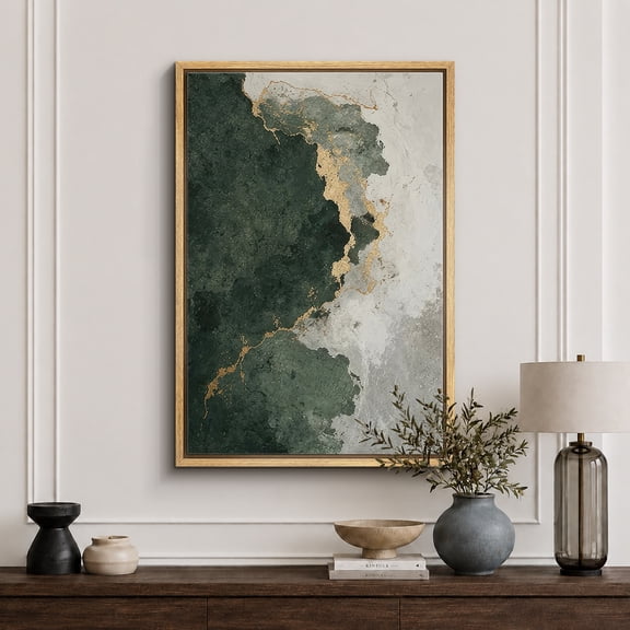 Framed Canvas Print Green Gold Abstract Marble Wall Art Modern Decorative for Living Room Bedroom - 16"x24" NATURAL Frame