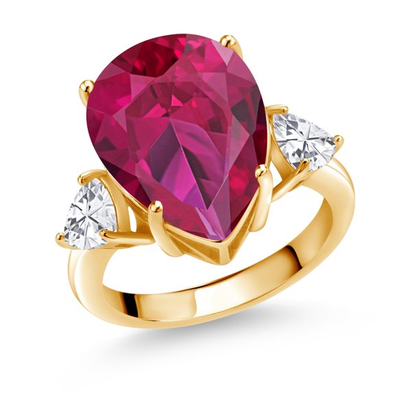 Gem Stone King 18K Yellow Gold Plated Silver Red Created Ruby and White Zirconia Ring for Women (11.16 Cttw, Gemstone July Birthstone, Pear Shape 16X12MM, Size 8)