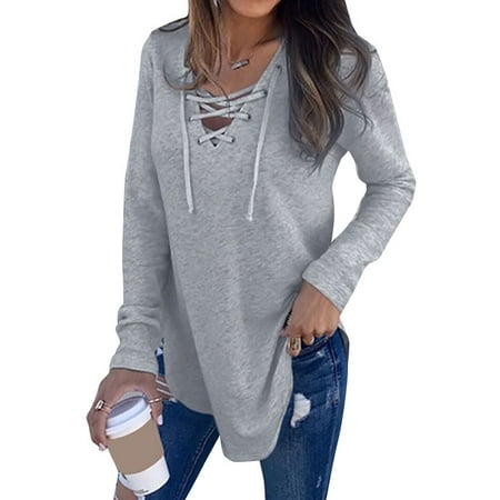 Nlife - Nlife Women Long Sleeve Lace Up V Neck Long Sleeve Top ...
