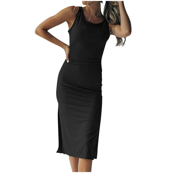 AherBiu Womens Ribbed Dresses Sleeveless Crewneck Summer Tank Dress for Women Slit Slim Sundresses