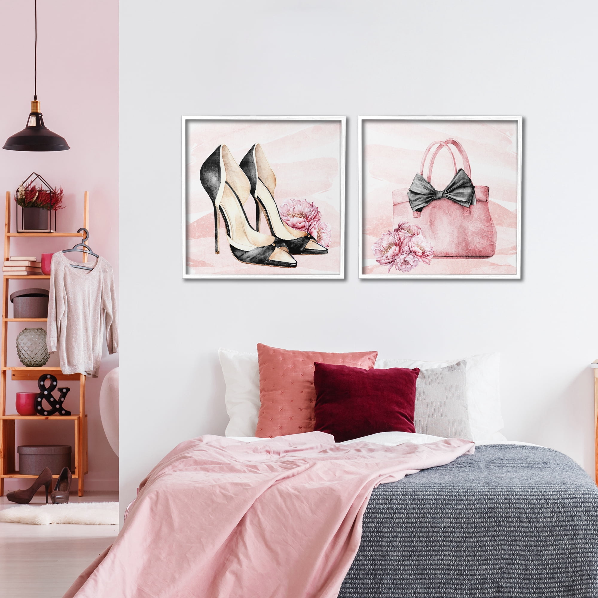 Stupell Industries Rosy Glam Time Shoes 2 Piece White Framed Giclee Art Set, design by Kim Allen