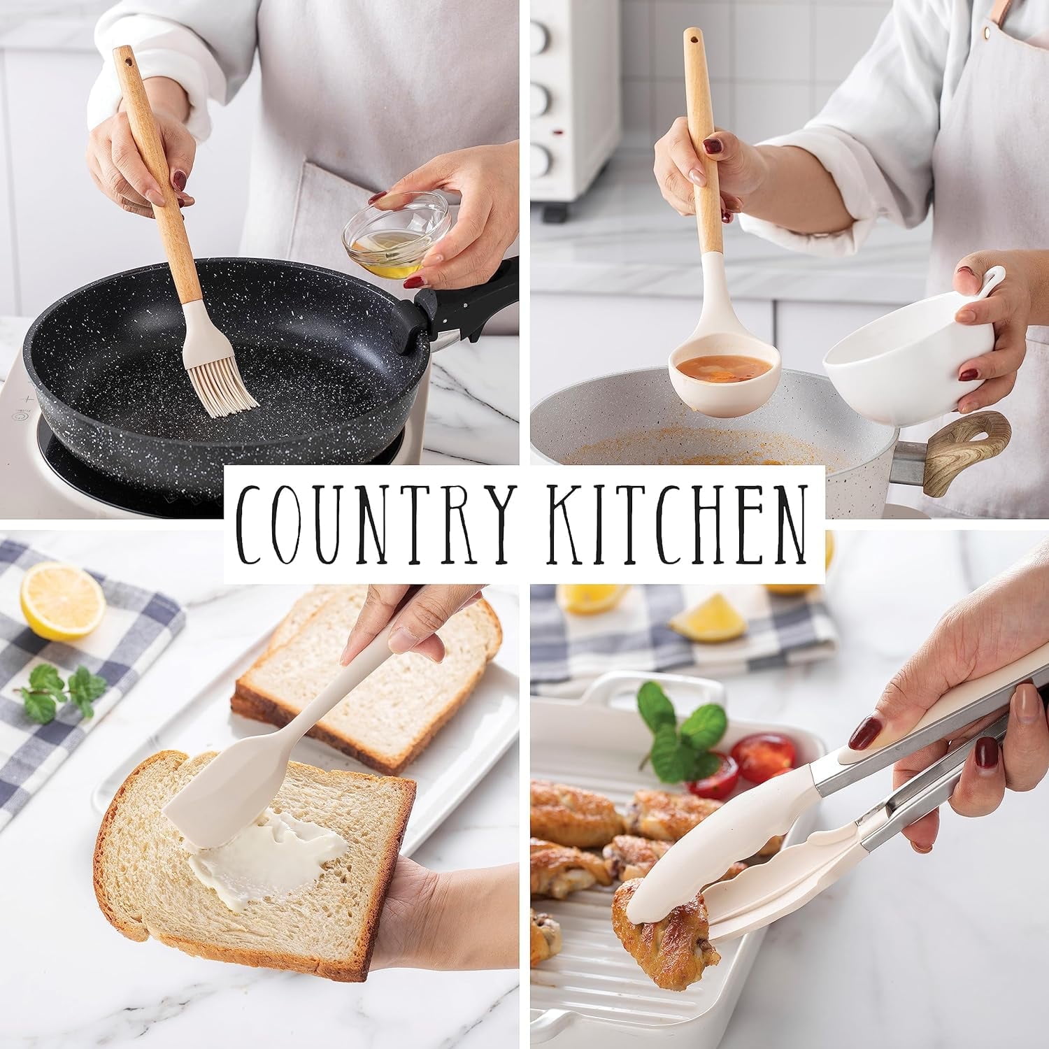Country Kitchen 38-Pc Cooking Utensils Set Silicone Spatula & Kitchen Gadgets, Khaki