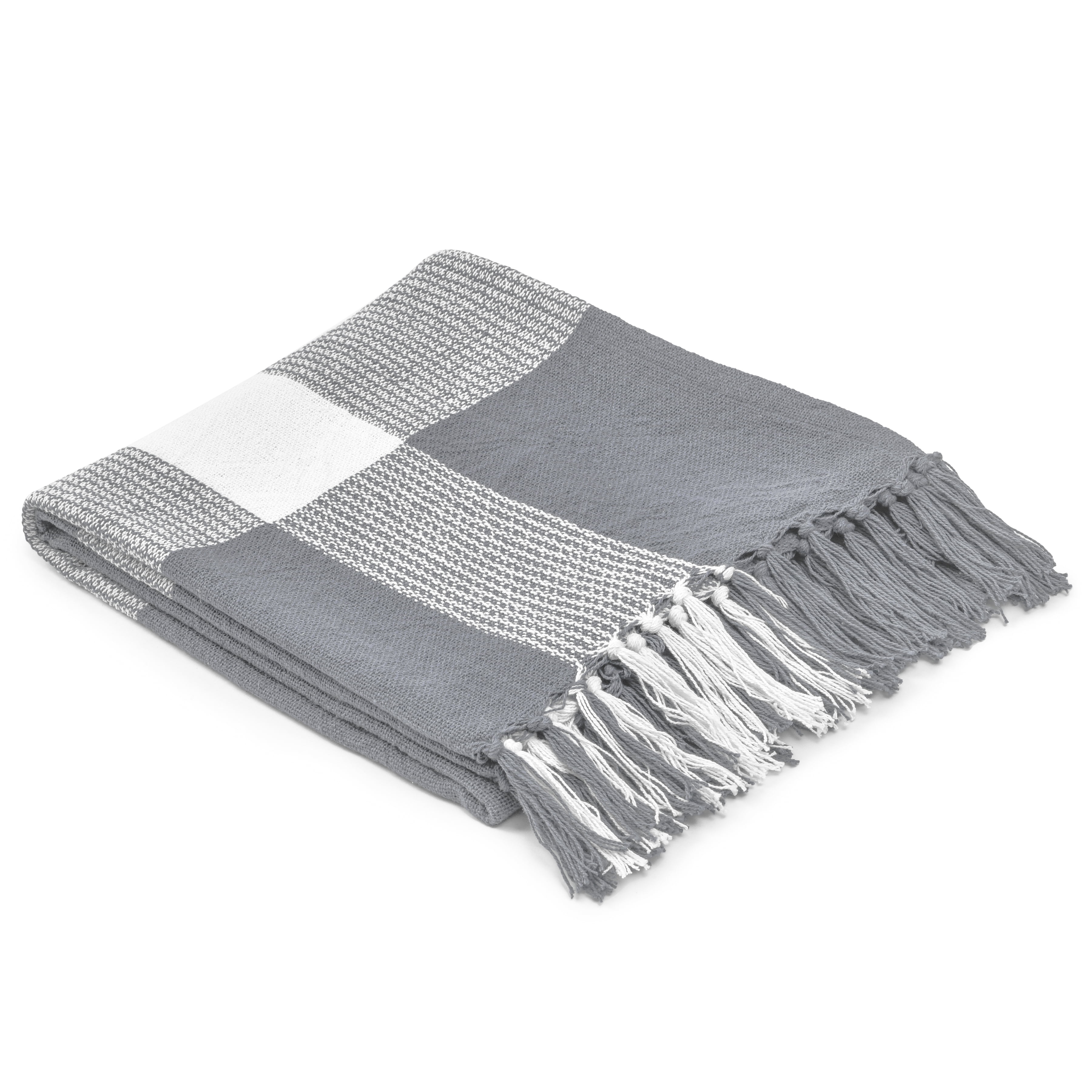 Ox Bay Gray/White Tartan Plaid Cotton Throw Blanket, 50" x 60"
