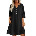 thumbnail image 2 of Women Casual V-Neck Linen Dress with Pockets, Solid 3/4 Sleeve, 2 of 5