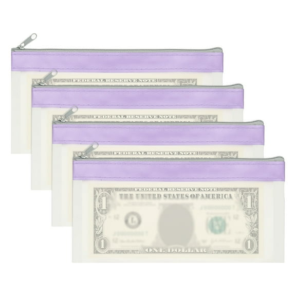 8.5x4 Inch Money Bags with Zipper, 4Pcs Clear Cash Deposit Bank Pouch Envelopes Check Wallet for Coin Cosmetics Invioce Bill, Purple