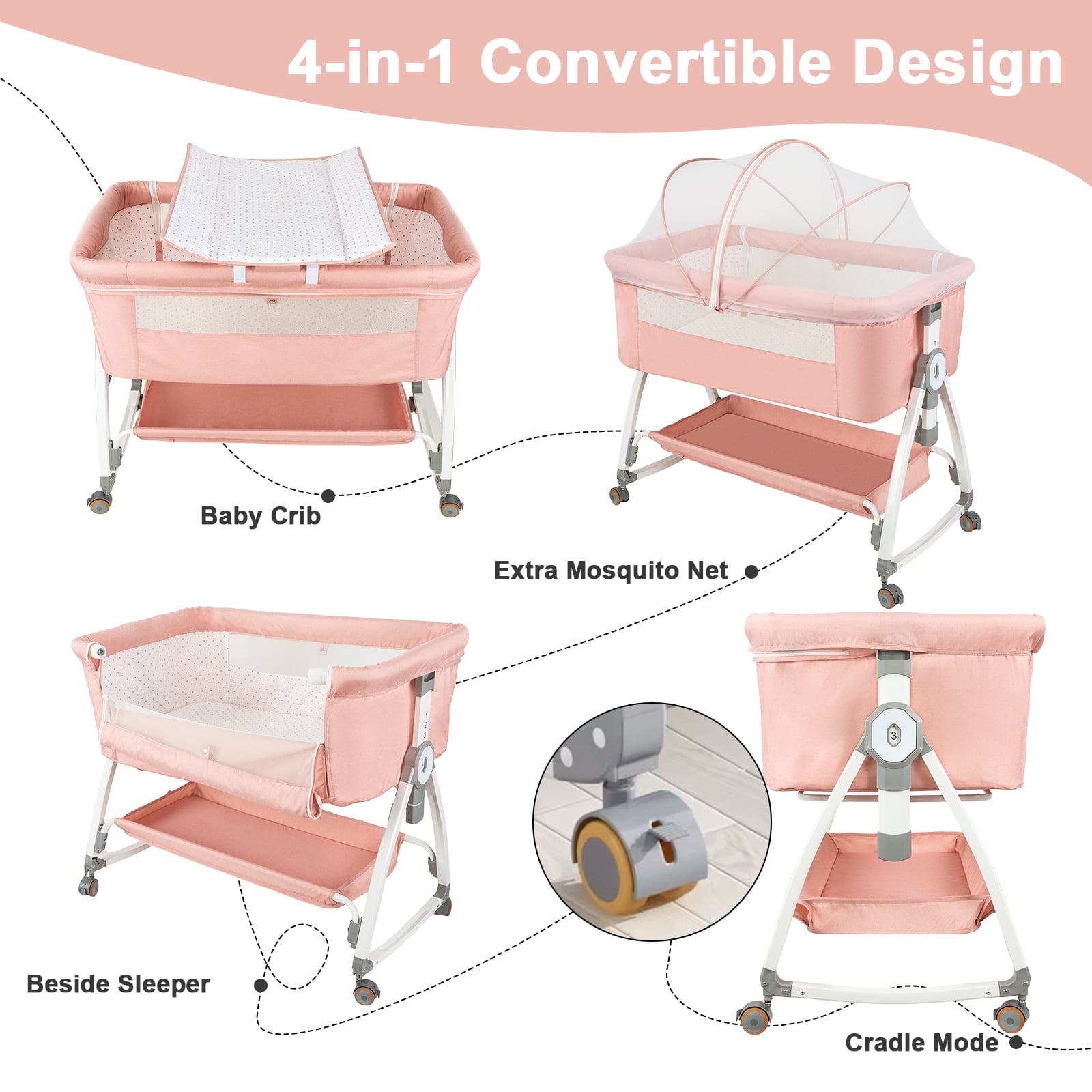 LUOLUO 4-in-1Baby Bassinet, Infant Bedside Crib with Storage Basket & Wheel & Changing Table, 6 Gear Adjustable Height, for 0-36 Months, Pink
