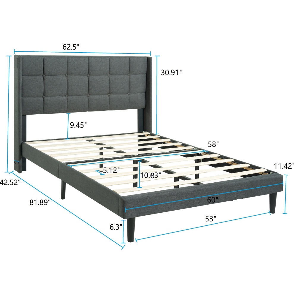 Tcbosik Upholstered Platform Bed Queen Size, Bed Frame with Button Tufted Headboard, Wood Slat Support, No Box Spring Needed (Linen Fabric, Dark Grey)