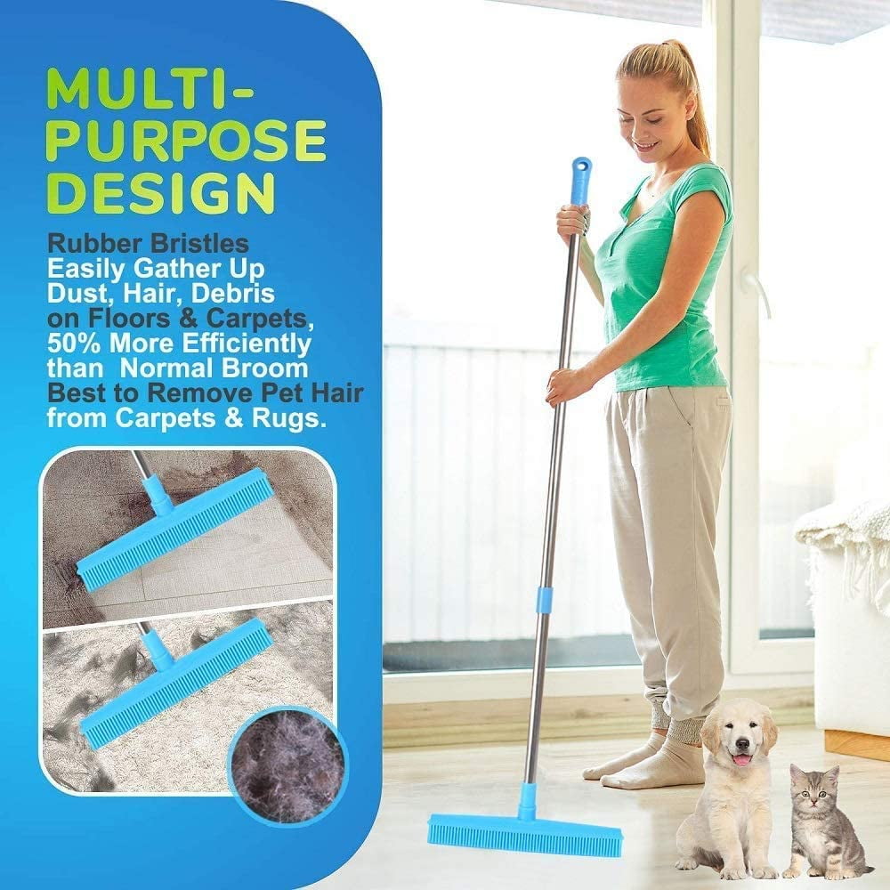 Rubber Broom Carpet Rake Pet Hair Remover Broom with Squeegee 50 Inch Long 