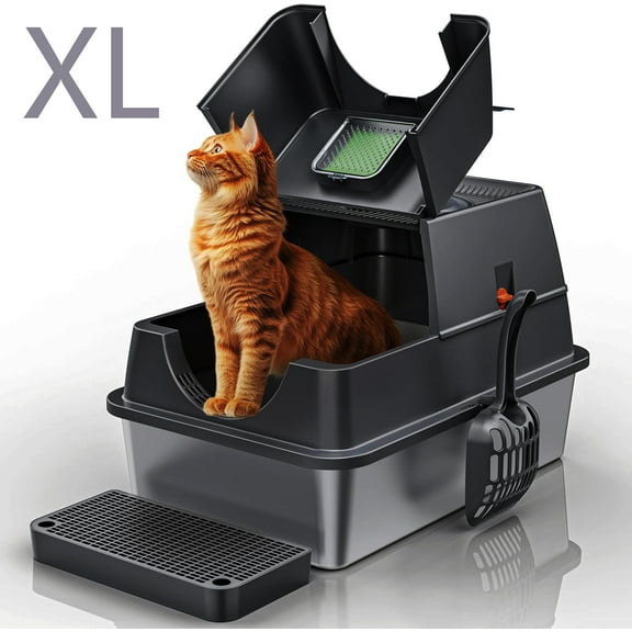 Stainless Steel Litter Box with Lid, 135° Flip-Top Extra Large Cat Litter Pan, Enclosed Metal Litter Box with Litter Scoop & Filter Pedal, Anti-Leakage, Odor Free, Front & Top Dual Entry