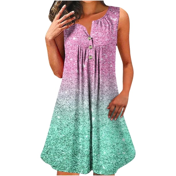 Vestido sin Mangas para las Mujeres Pullover con Botón de Impresión Espumante Vestido de Cuello Redondo, Vestido Lindo de Pascua de Poliéster para Fiesta, Diario Y Caso de Exposición