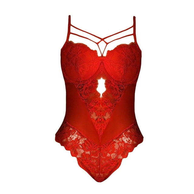 Gibobby Tangas de mujer sexy encaje Vendaje Crochet Gasa Correa Lencería Damas Bordado Recorte Teddy Ropa interior Íntimos(Rojo 3XL)