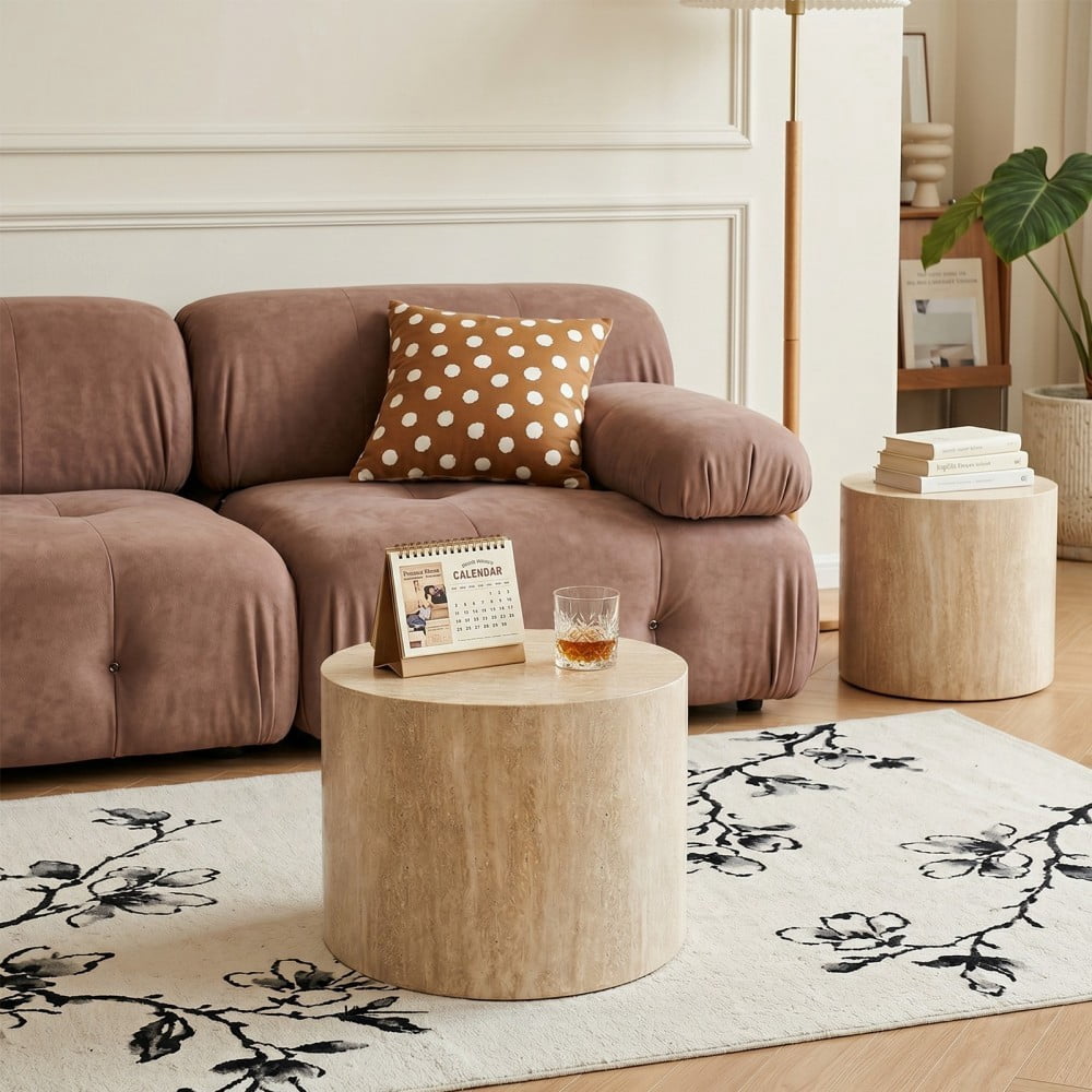 Nesting Coffee Table Set of 2, Modern Round Wood Side Tables with Non-Slip Feet, Small End Tables for Living Room, Bedroom, Office, Balcony, Small Spaces, Beige Gray