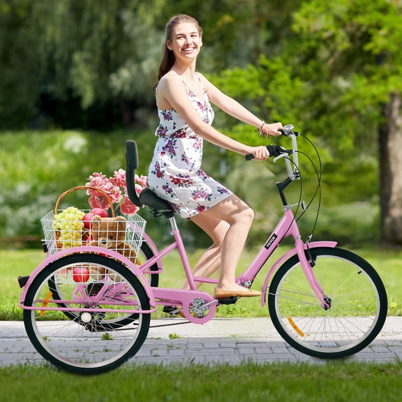 BENTISM Adult 24" 7 Speed Adjustable Seat Tricycle with Rear Basket, Pink