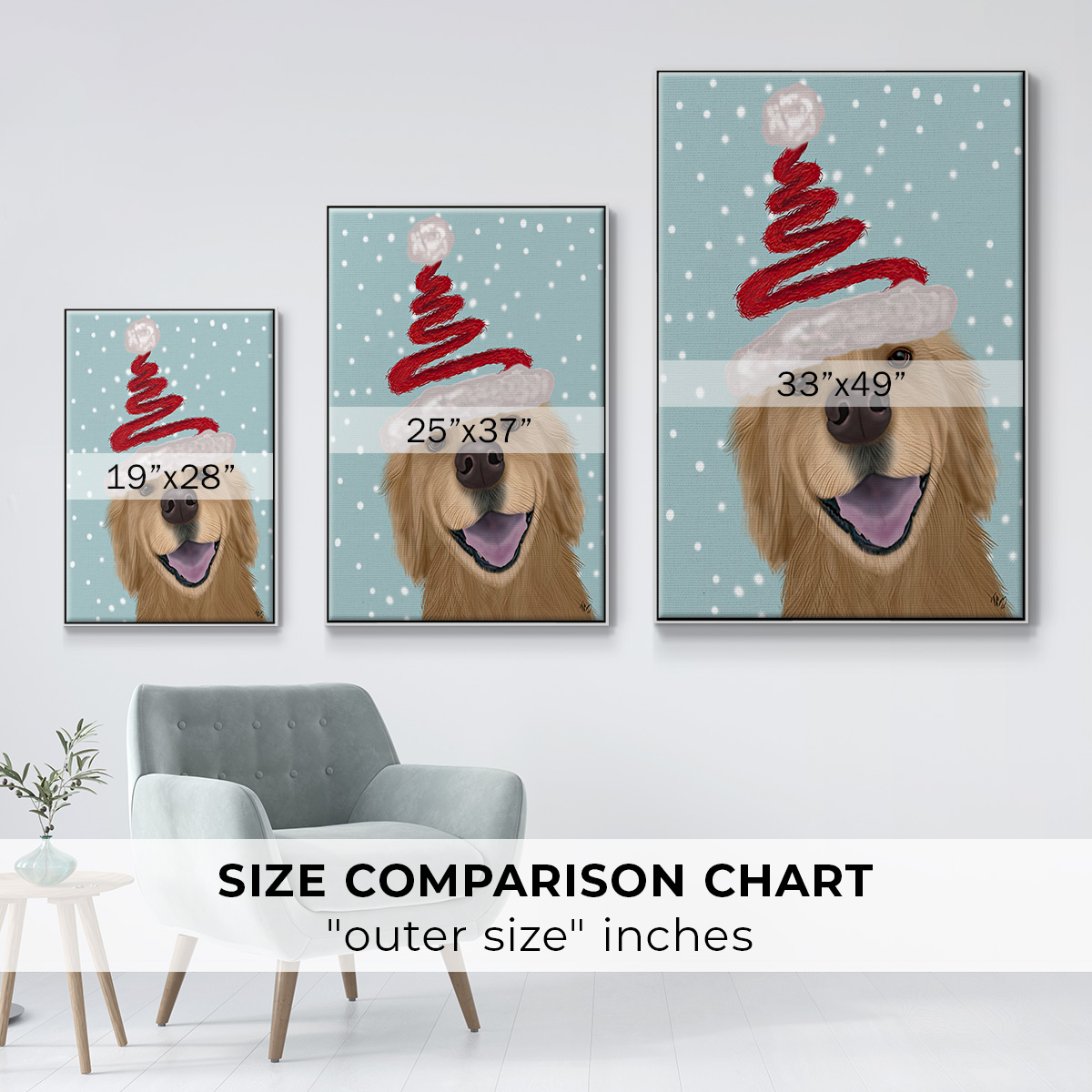Christmas Golden Retriever and Spring Santa Hat - Framed Gallery Wrapped Holiday Canvas - 27 x 41 - White Frame