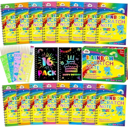 ZMLM Scratch Art Party Favors: 16 Pack Rainbow Scratch Paper Art Craft Notebooks for Kids Age 3-12 Classroom Prize Art Party Supplies Birthday Goodie Bag Stuffers Easter Christmas Gift for Girls Boys
