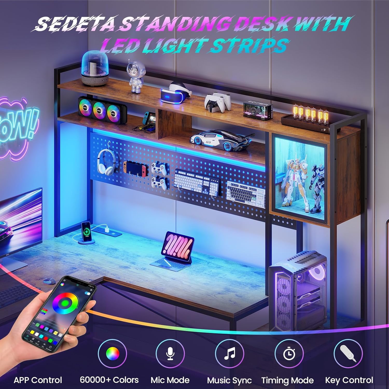 SEDETA L Shaped Desk with Drawers, 2 Person Desk with Hutch & Power Outlets, Home Office Desk with File Drawer & Glass Cabinet, Gaming Desk with LED Lights & Pegboard, Rustic Brown