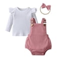 thumbnail image 5 of Newborn Infant Baby Girl Clothes Solid Ribbed Ruffle Sleeve Top and Overall Shorts with Headband Pink 0-3 Months, 5 of 7