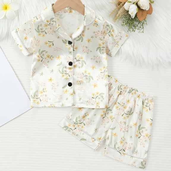 ATOGUTA Girls Set 1T-8 Short Sleeve Kids Pjs Button Down Sleepwea Beige