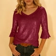 thumbnail image 6 of XPMWRP Sequin Sparkly Shirts for Women Dressy Casual 3/4 Sleeve Glitter Blouses Elegant V Neck Party Tunic Tops Wine L, 6 of 9