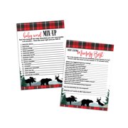 Lumberjack Baby Shower Game Card Bundle 2 in 1 Pack (25 Each) Includes Baby Word Scramble - Who Knows Mommy Best - Red and Black Plaid Bear - Double Sided Set - Paper Clever Party