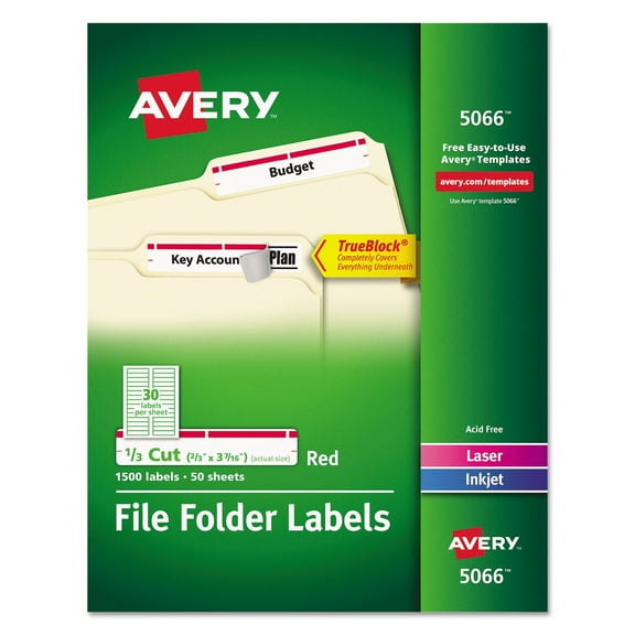 Avery Permanent TrueBlock File Folder Labels with Sure Feed Technology 0.66 x 3.44, White, 30/Sheet, 50 Sheets/Box