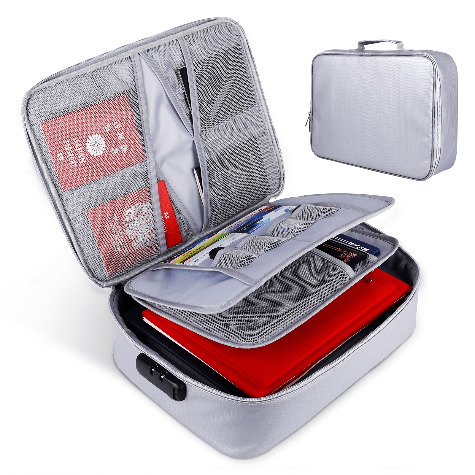 Mixfeer File Organizer Bag with Lock, Fireproof Document Organizer Case with Water-Resistant Zipper,3-Layer Portable Travel Home Storage Safe Bag for Laptop,Files,Certificates,Gifts for Him,Silver