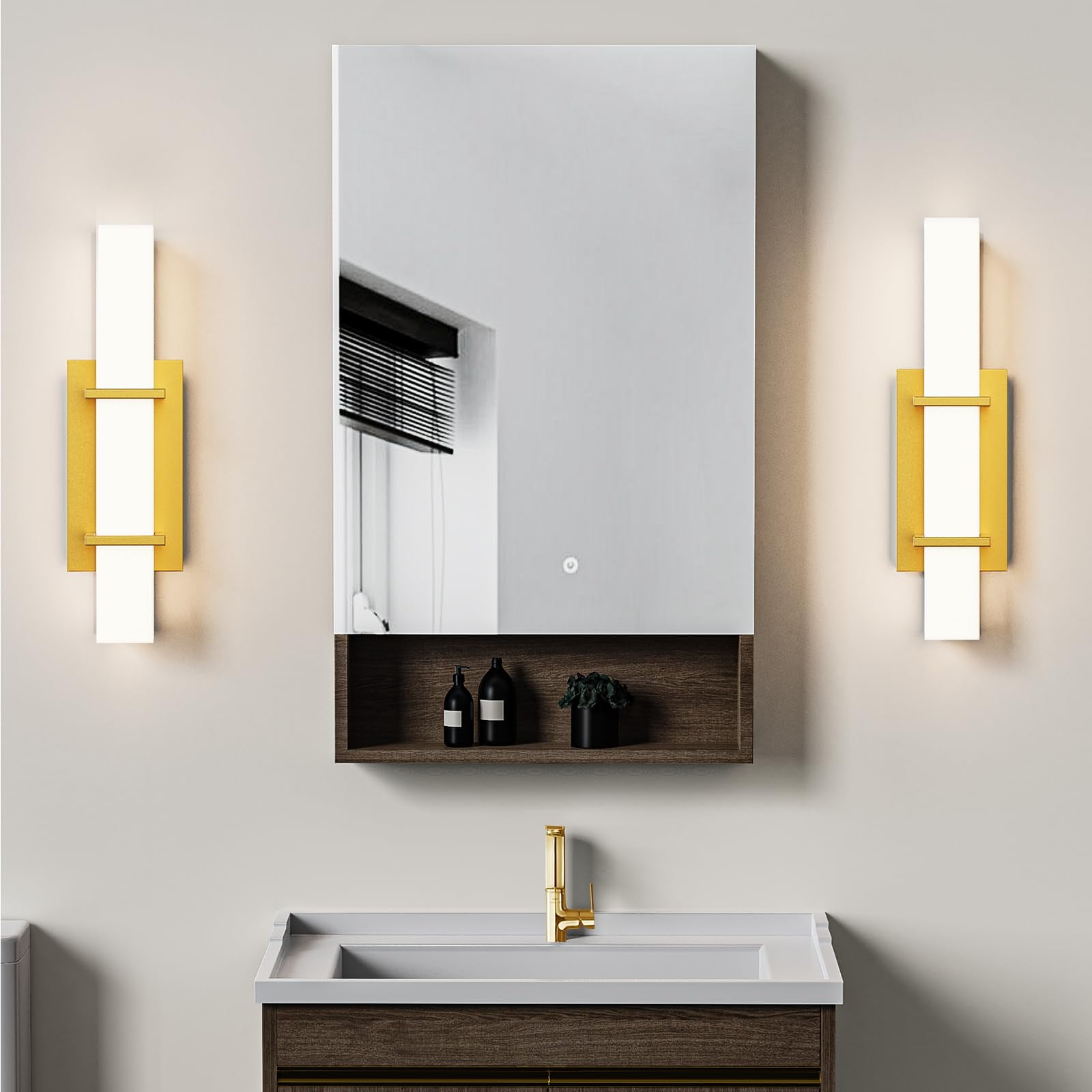 2-Pack 22W Dimmable LED Wall Sconce, 17.6 Inch Modern Gold Bathroom Vanity Light with Acrylic Shade, Hardwired Mirror Lights for Bathroom, Bedroom, Living Room