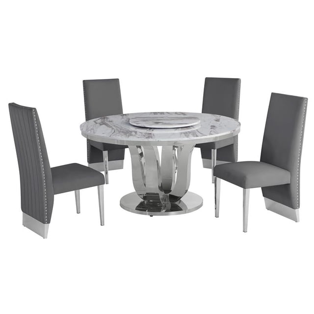 6pc. White Marble Dining Set with Lazy Susan and Silver Stainless Steel