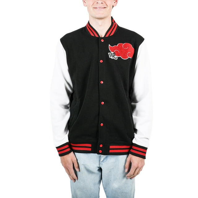 Naruto Shippuden Akatsuki Clan Symbol Men’s Navy & Light Gray Letterman Jacket, Black, Small