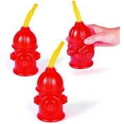 Fun Express Straw Fire Hydrant Cups with Lids - (Pack of 8) Reusable 9 oz, Red Plastic Fire Truck Party Supplies Cups and Firefighter Birthday Party Favors for Kids