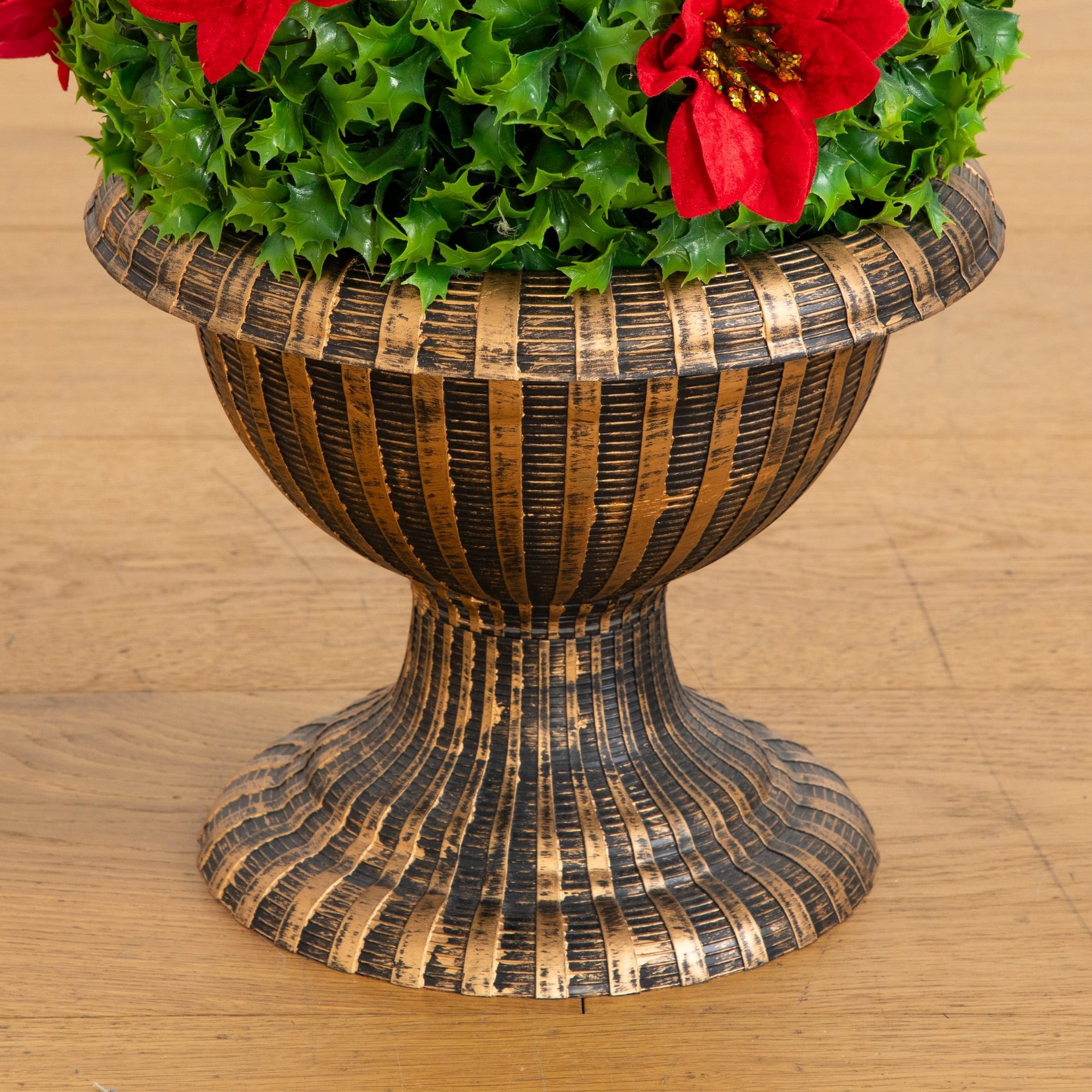 3ft. Pre-Lit Artificial Christmas Ornament Holly Berry Topiary Tree with Poinsettias and 70 LED Lights in Decorative Urn