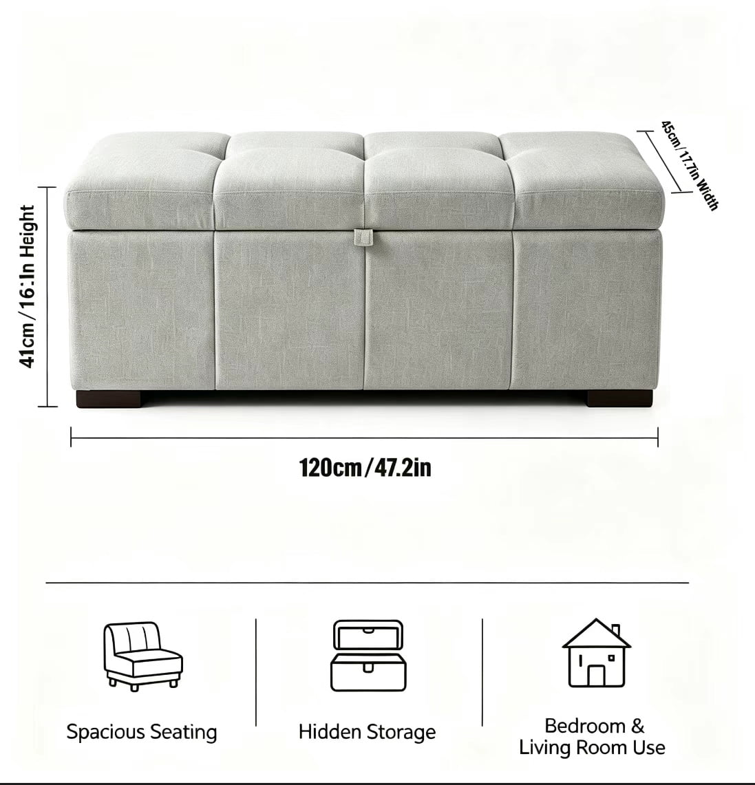 Modern Bed End Bench 47.2 Inch, Upholstered Storage Ottoman for Bedroom and Living Room, Rectangular Storage Bench for Entryway and Office, Dark Gray