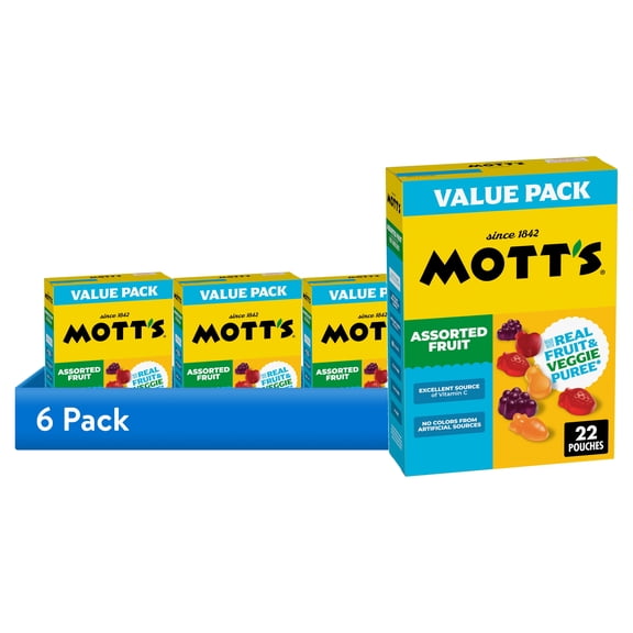(6 pack) Mott's Fruit Flavored Snacks, Assorted Fruit, Gluten Free, Value Pack, 22 Pouches, 17.6 oz