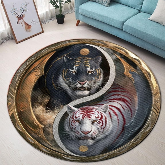 Fantasy Tiger Pattern Round Area Rug, striking jungle cat circle carpet for nursery, home office or lounge, soft washable non-slip floor mat, trendy wildlife room décor