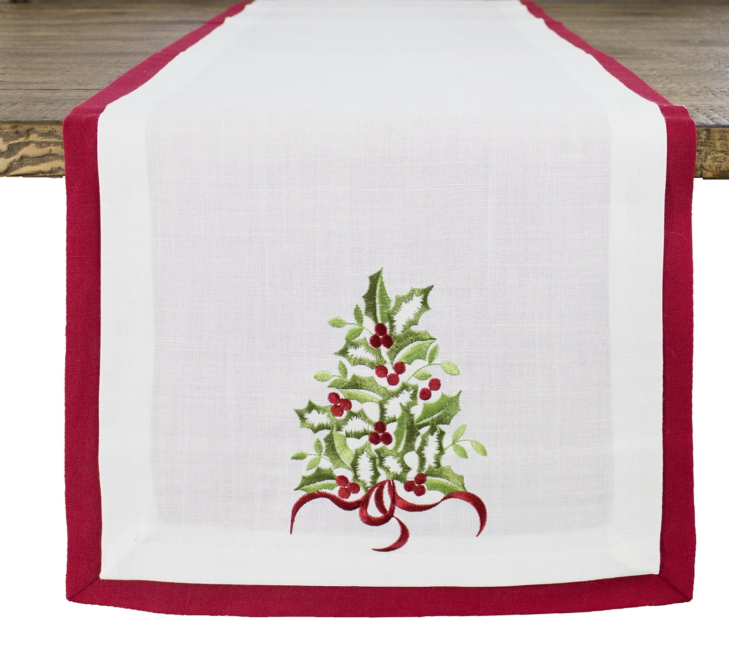 Embroidered Holly Christmas Tree Double-Layer Holiday Decorative Table Runner (Red+White Runner 16"x78")
