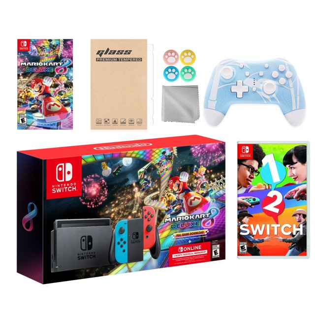 Nintendo Switch Mario Kart 8 Deluxe Bundle: Red/Blue Console, Mario Kart 8 & Membership, 1-2 Switch, Mytrix Wireless Pro Controller Blue Bamboo and Accessories
